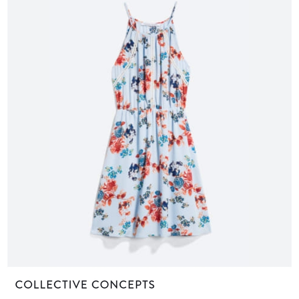 NWT Dress, Beautiful blue and rust & blue flowers. Crochet detailing.